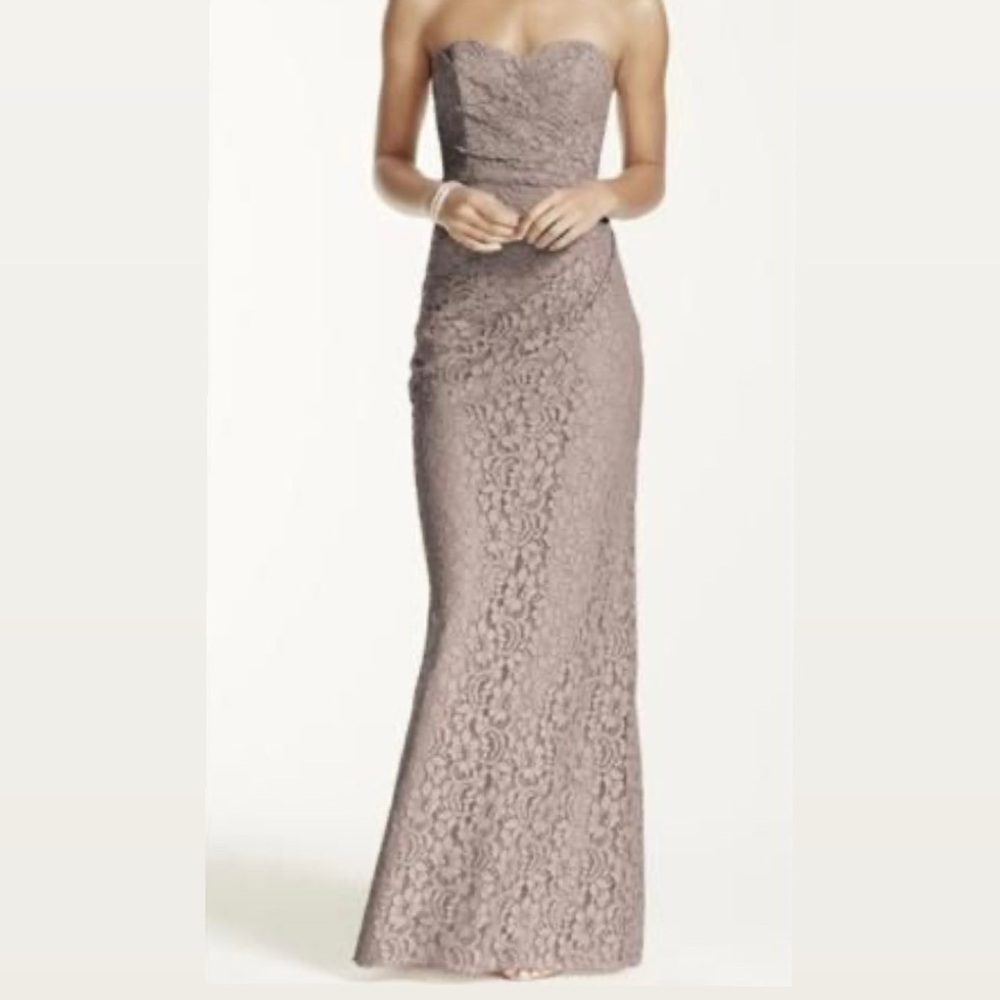 David's Bridal Strapless Lace Maxi Dress in Biscotti